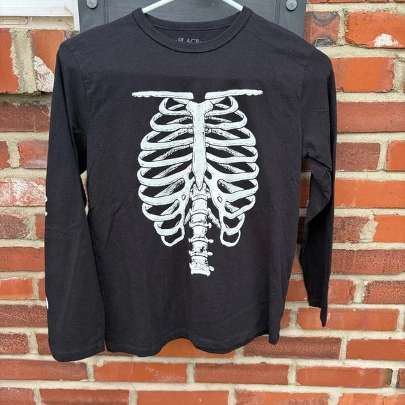 The Children's Place Boys Black Skeleton Graphic Long Sleeve Shirt Size L 10/12