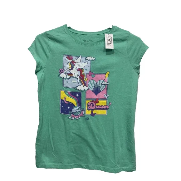 The Children's Place Unicorn Castle Dream Print Tee Girls Sz XL 14 Green T-Shirt