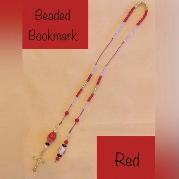 ECCENTRIC HANDCRAFTED Red/White/Black Beaded Bookmark w/Golden Cross