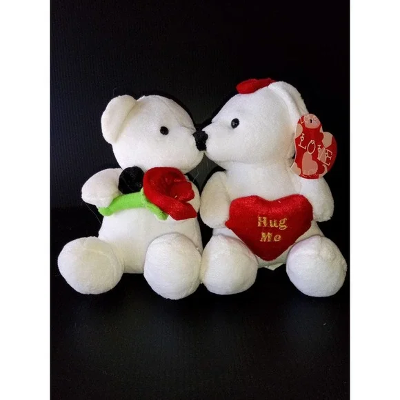 NWT Goffa, white kissing plush bears with heart and flower