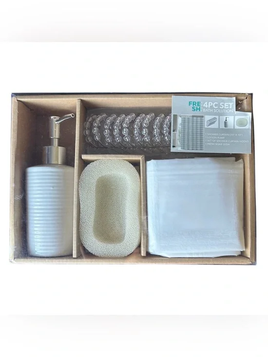 Bathroom Accessory Set 4 Piece White Lotion Pump, Mesh Soap Dish Curtain & Hooks