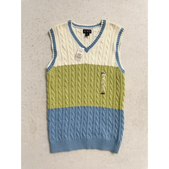 NEW The Children's Place Boys Blue Cable Knit Sweater Vest Size XL V Neck Cotton