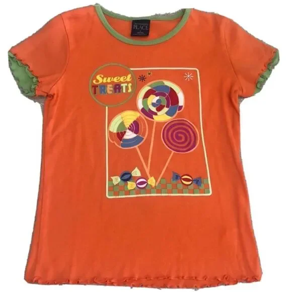 The Children’s Place Sweet Treats Graphic Top Girls L 10/12 Orange Ruffle Trim