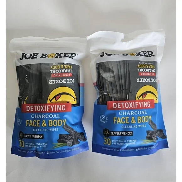 Joe Boxer Detoxifying Charcoal Face & Body Cleansing Wipes 30 Ct Each (2pc)