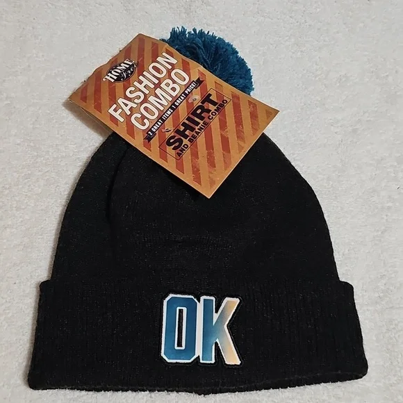 OK Black Heather Stocking Beanie Hat with Blue Pom New