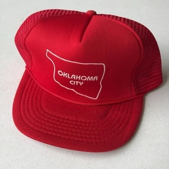 Vintage 80s Oklahoma City Trucker Hat Red Foam Mesh Snapback
