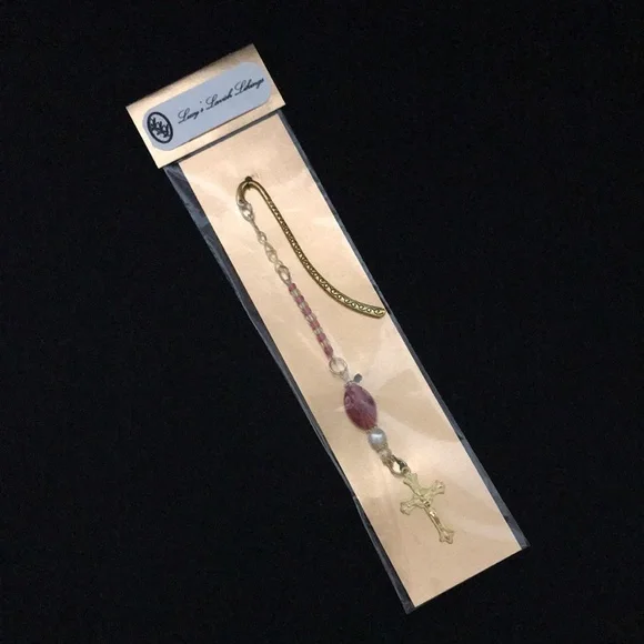 Metal Shepherd's Hook Bookmark & Red/Gold/White/Clear Glass Beads & Cross Charm