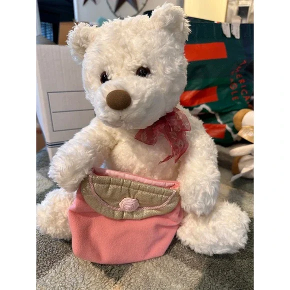 Gund White Curly Plush Teddy Bear with Pink Velvet Rose Purse and Red Bow