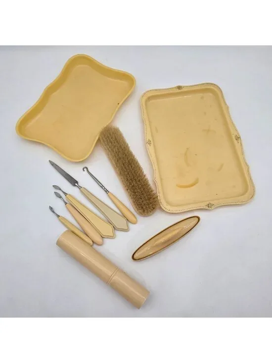 Vintage Ivory Celluloid Manicure Grooming Set Brush Tools 8-Piece Lyra Lin Dubar