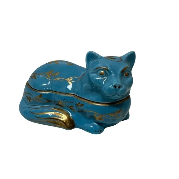Vintage Limoges France Blue Ceramic Cat Trinket Box Gold Floral Hand Painted