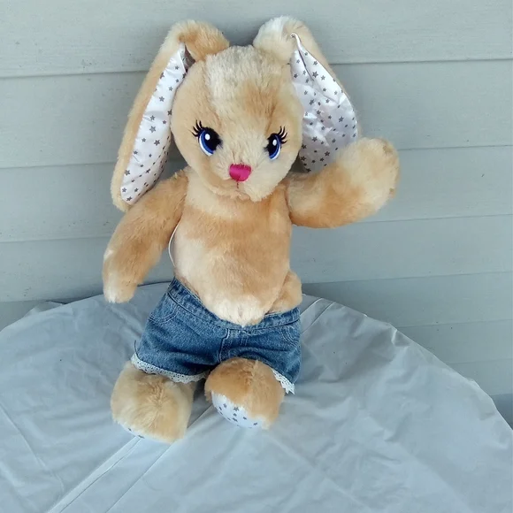 Charming Tan Bunny Plush with Denim Outfit
