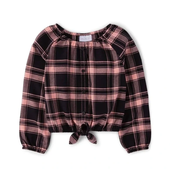 Girls Long Sleeve Plaid Tie Front Top The Children's Places S.‎ M Pink and Black