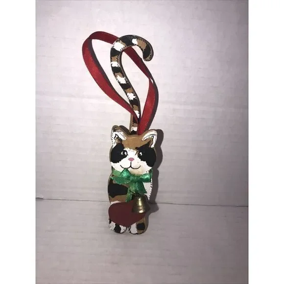 White Cat Wood Ornament Kurt Adler Wooden Kitten BellHeart Christmas Vintage1999