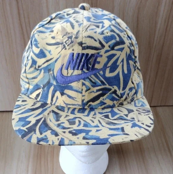 Vintage Nike Leaf Print Adjustable Hat Cap Blue Yellow AOP 80s 90s Rare