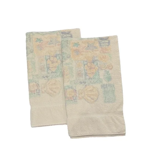 Pair Vintage JC Penney Cotton Towels Beach Theme Bath Decor Seashells Pool Ocean