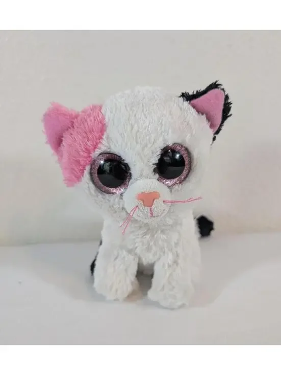 Ty Beanie Boo White Plush Cat with Pink and Black Ears 2014