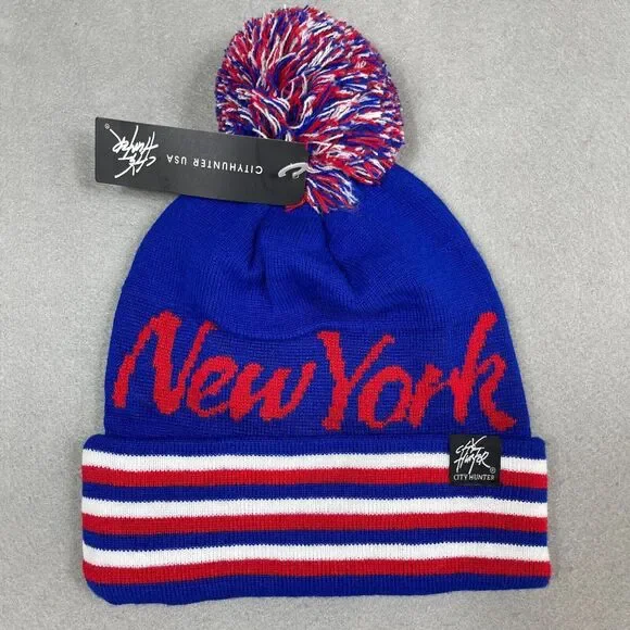 New York City Beanie Cuffed Pom Pom Beanie Cap Hat Unisex City Hunter