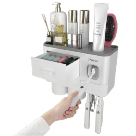 IHave 2 Cups Wall Mounted Toothbrush Holder With Toothpaste Dispenser