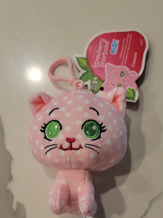 Abrand Pink Polka Dot Cat Plush Keychain with Green Eyes
