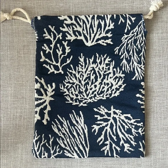 Navy & Cream Coral Pattern Drawstring Bag - Home Bath Accessory