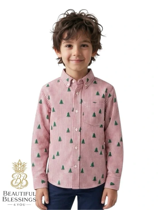 The Children’s Place Christmas Tree Button Up Shirt Toddler Boys 2T Striped