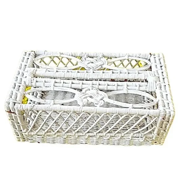 Vintage Rattan Wicker White Tissue Box Holder Home Decor Coastal 10