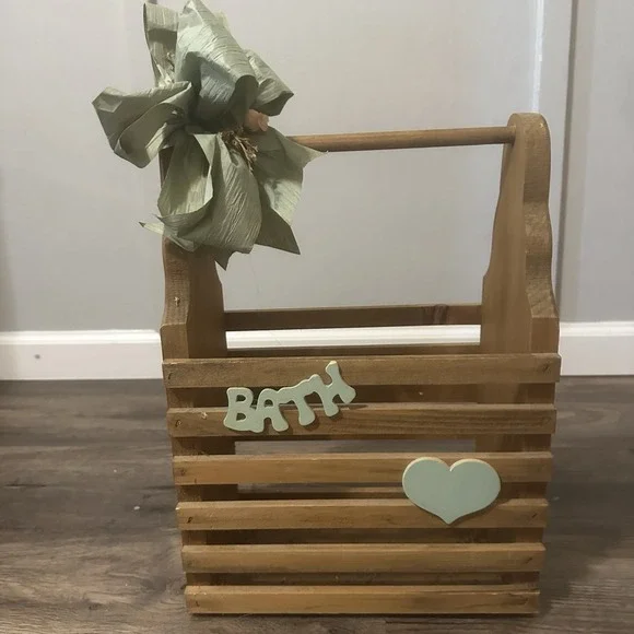 Wooden Bath Caddy Carrier With Handle Hand Made Farmhouse/Country Bow &‎ Letters