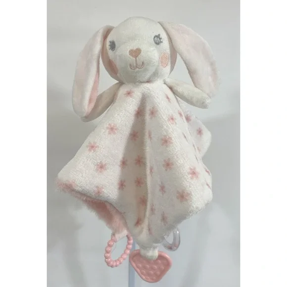 DreamGro Super‎ Soft Plush White & Pink Bunny Activity Security Blanket Lovey