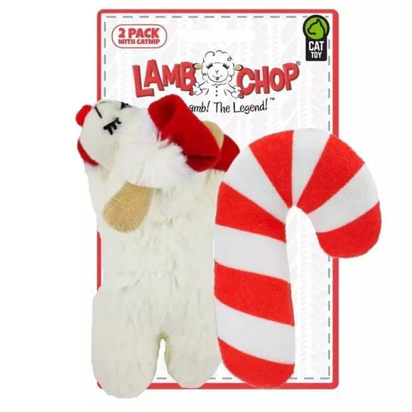 Multipet Lamb Chop Santa Hat Crinkle Candy Cane Catnip Plush Cat Toy 2pk