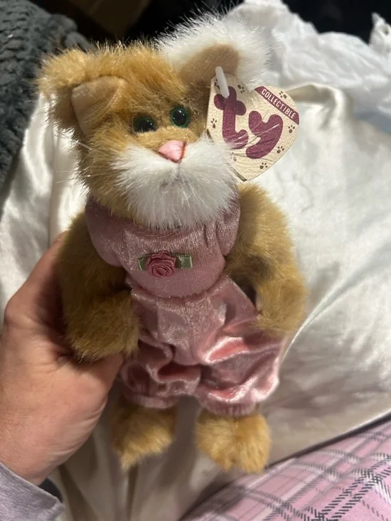Ty Plush Pouncer Cat Feline Brown Fur Jointed Stuffed Pink Jumper 8