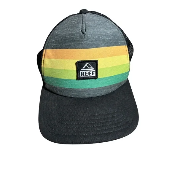 Reef Mens Trucker Hat Mesh Snapback Grey Rainbow Stripe Surf Cap One Size