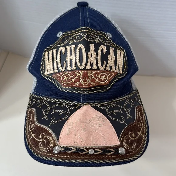 Michoacan Truckers SnapBack Baseball Cap Hat Blue & Brown Adjustable Mesh Studs