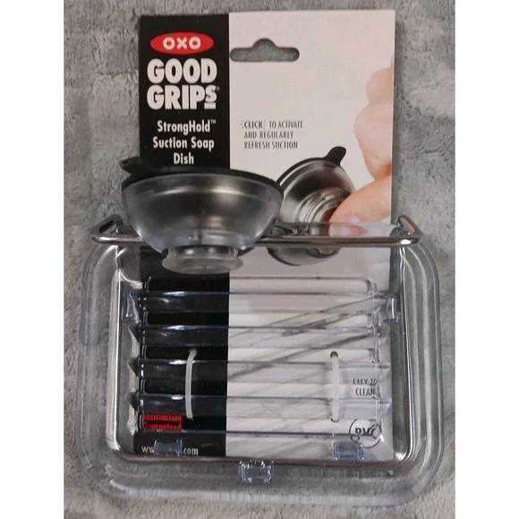 OXO Stronghold Suction Soap‎ Dish Stainless Steel Plastic Shower Caddy Clear