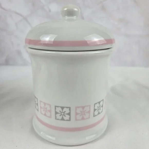 Vintage Porcelain Apothecary Jar White Pink Gray Pattern with Pink Stripe Accent