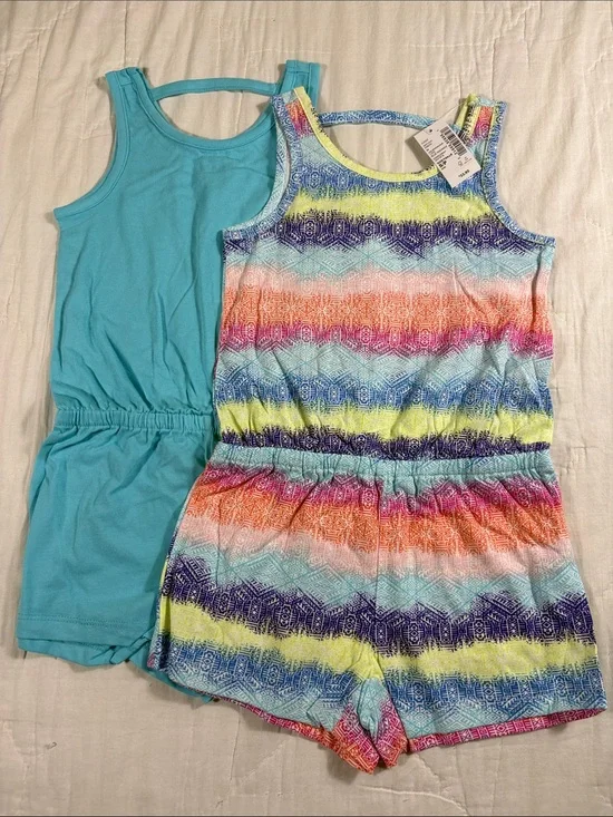 The Childrens Place Girls Romper 2 Pack Blue Multi Color Geometric Size 5/6 S
