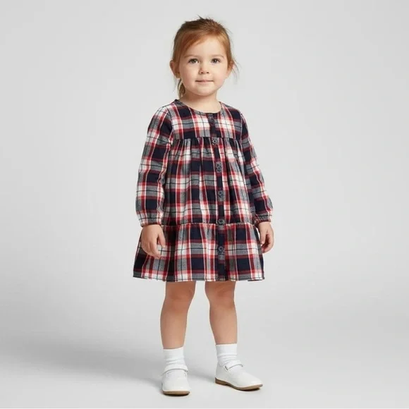 The Children’s Place Baby Girl Holiday Plaid Button Ruffle Dress Size 12-18