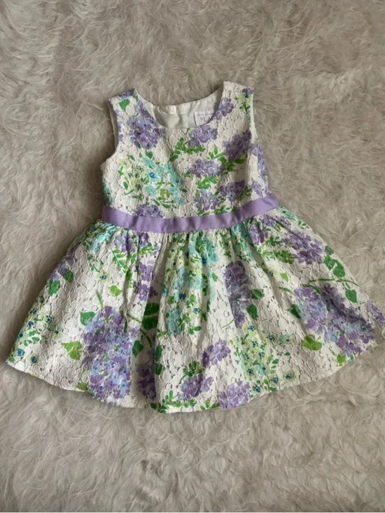 The Children's Place White Lace Spring Pastel Floral Dress with Purple Ribbon