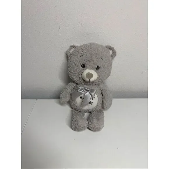 KellyToy My First Teddy Bear Plush Gray Rattle Teddy Bear Lovey 13”