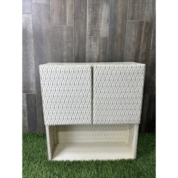 Vintage White Wicker Cabinet Coquette Cottagecore Bathroom Storage Shelf