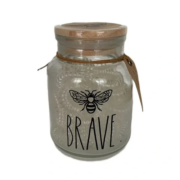 NWT Rae Dunn Bee Brave Jar Glass Canister with 25 Count Spiral Hair Ties