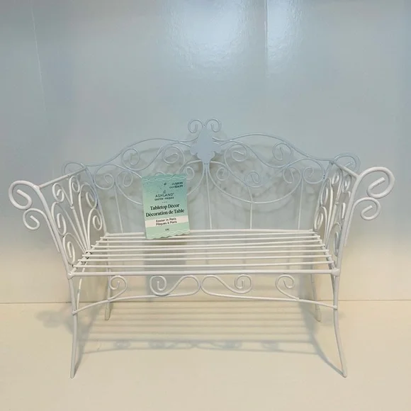 White Metal Scrollwork Bench, Home Decor, Spring Tabletop decor