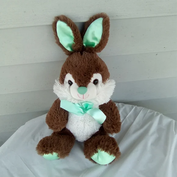 Brown and White Stuffed Bunny with Green Accents