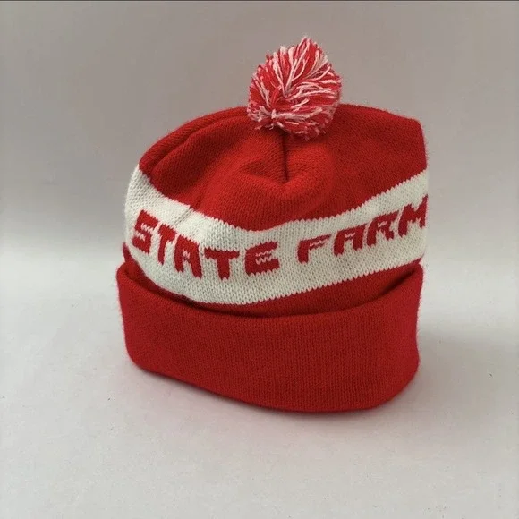 Vintage State Farm Knitted Beanie Acrylic Red And White