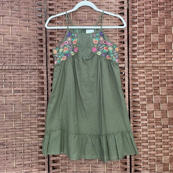 The Children's Place Olive Halter Dress Bright Floral Embroidery, Size 10/12.