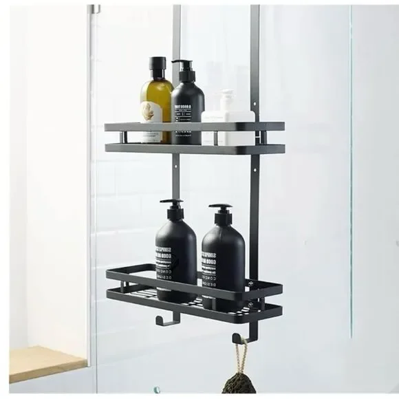Black Hanging Shower Caddy Wall Mounted Bathroom Organizer Two Tray New