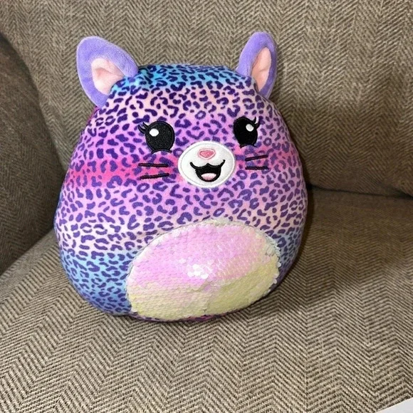 Squishmallow 8” mystery squad plush Sequin Belly Purple Cat Leopard toy
