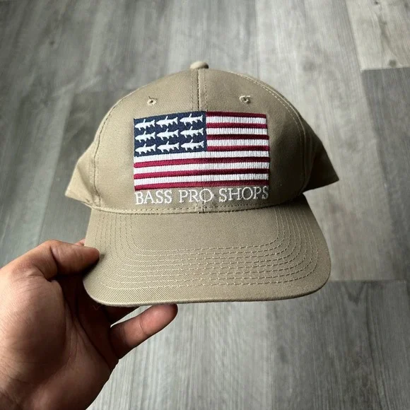 Bass Pro Shops Flag Fish American Flag Khaki Hat Cap One Size