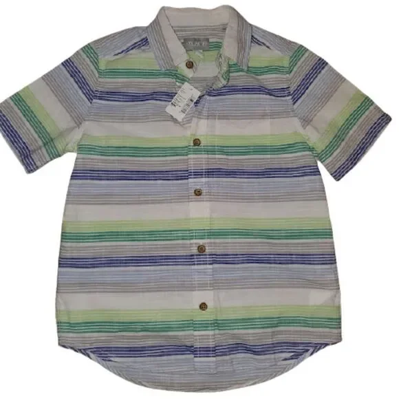 The Children's Place Green Boys Short Sleeve Striped Button Down Shirt S…