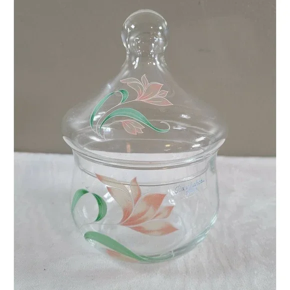 Vintage Clear Glass Vanity Jar Pasabahce Turkey Apothecary Jar Pink Flor…