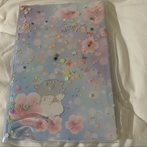 Cherry Blossom and Rat Design Small Notebook w/ Water Gel Front Cover w/ Sequins